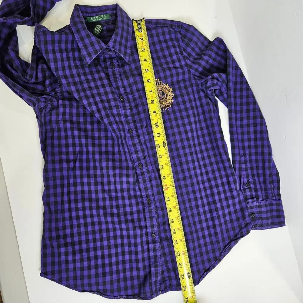 Lauren Ralph Lauren Purple and Black Gingham Checked Button Up Gold Crested M - Picture 7 of 7